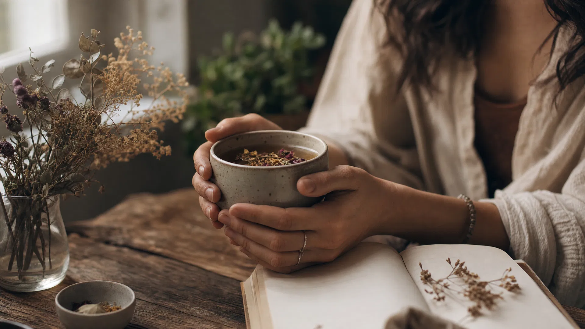 Woman holding a warm herbal tea mug at a desk with a journal — representing chronic fatigue and systemic symptoms
