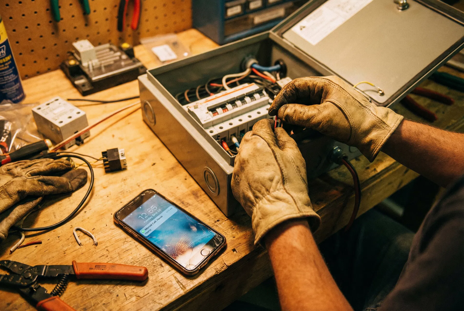 Contractor working while phone shows missed call