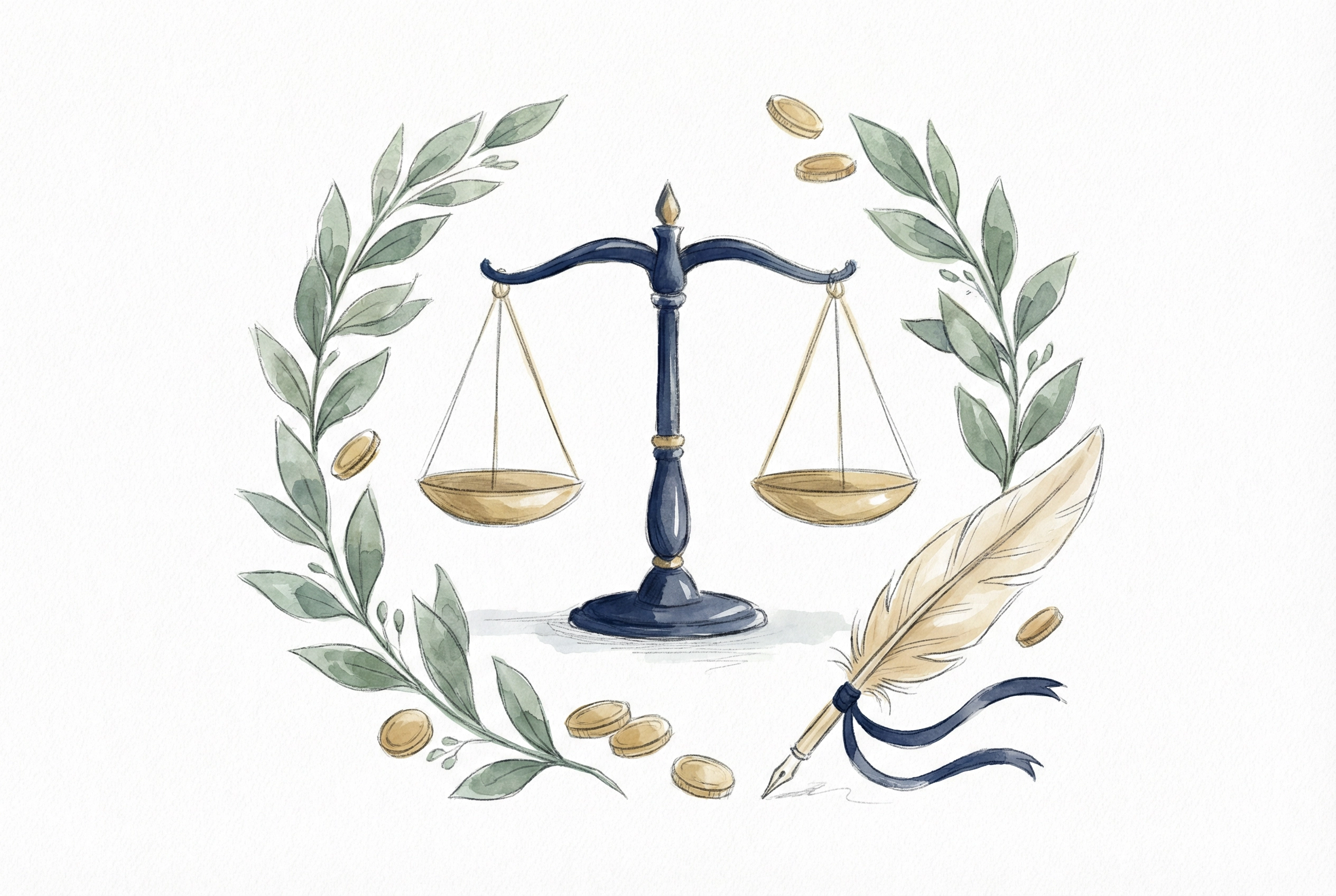 Scales of justice with botanical leaves and a quill
