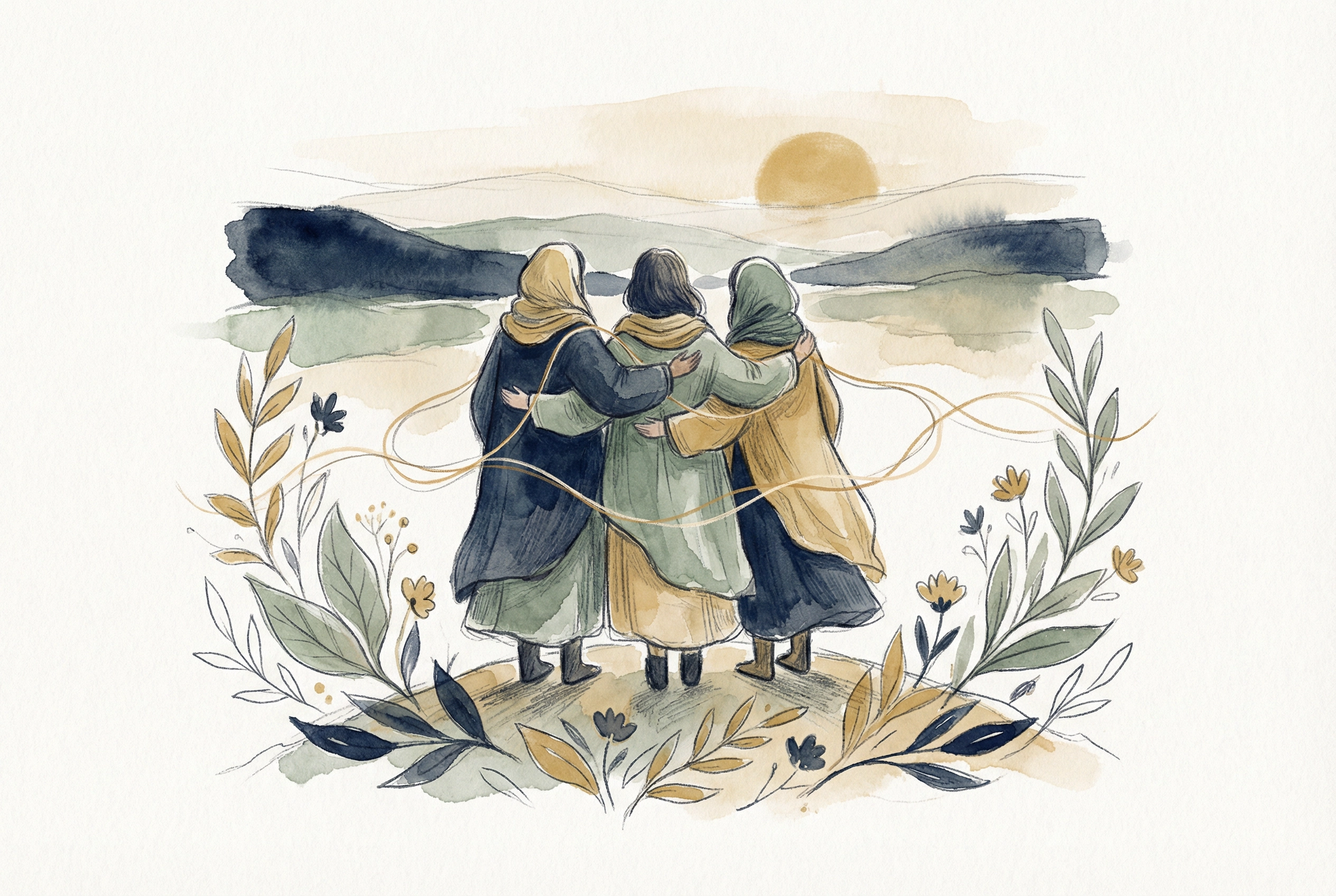 Three figures together looking at a horizon