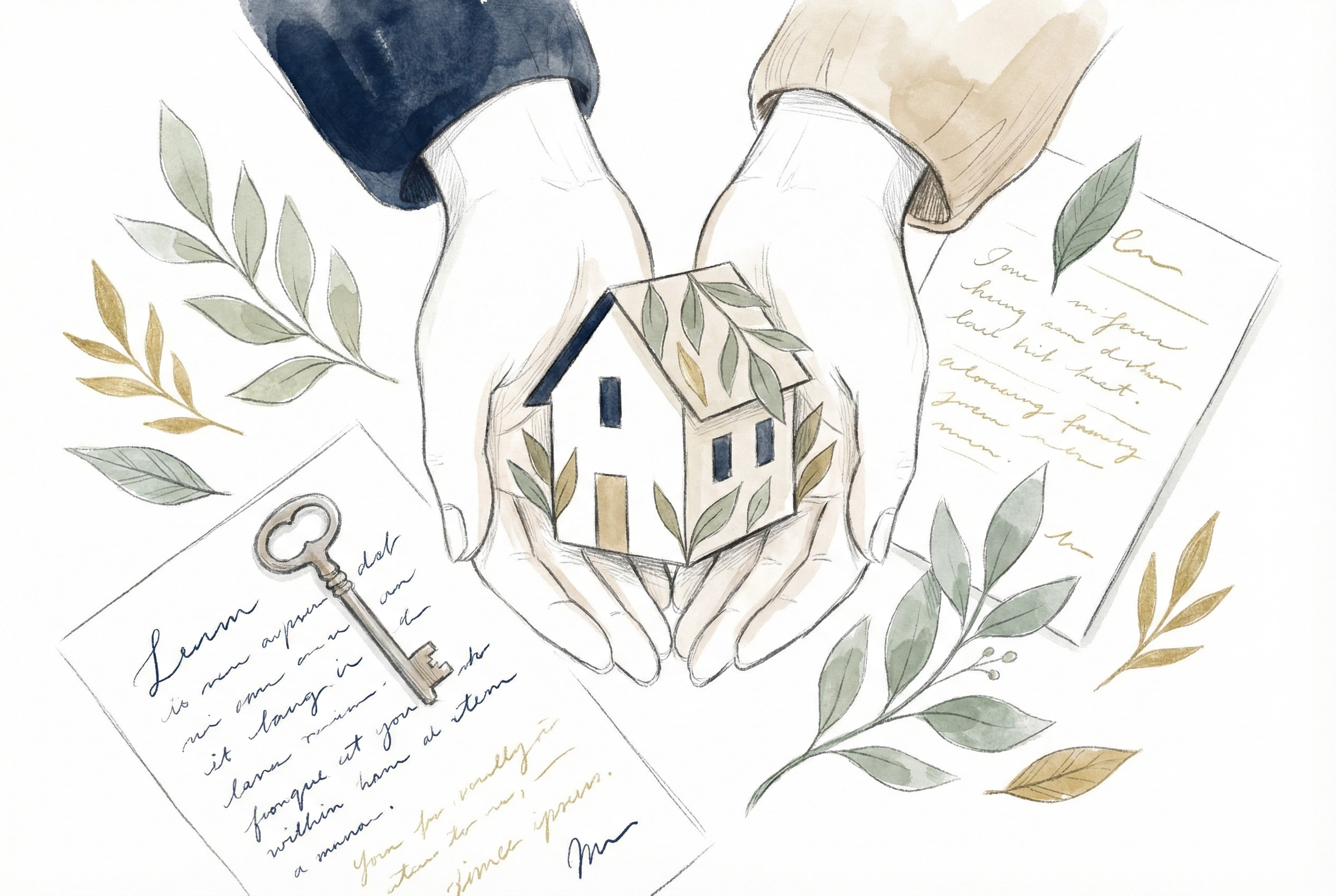 Kinvoy — hands holding a home, surrounded by botanical leaves and documents