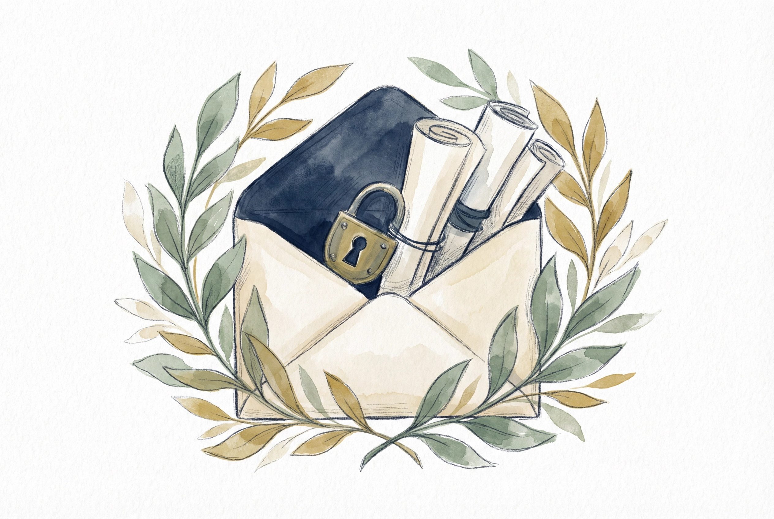 A secure envelope with documents and botanical leaves