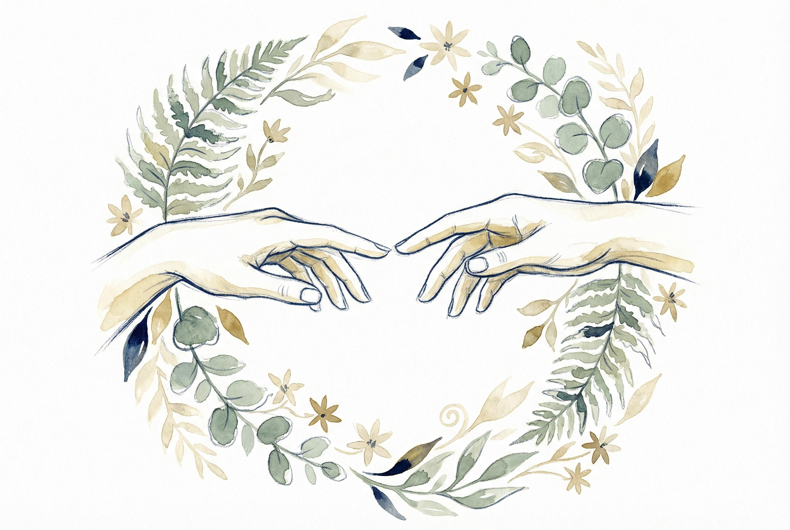 Two hands reaching toward each other, surrounded by botanical leaves