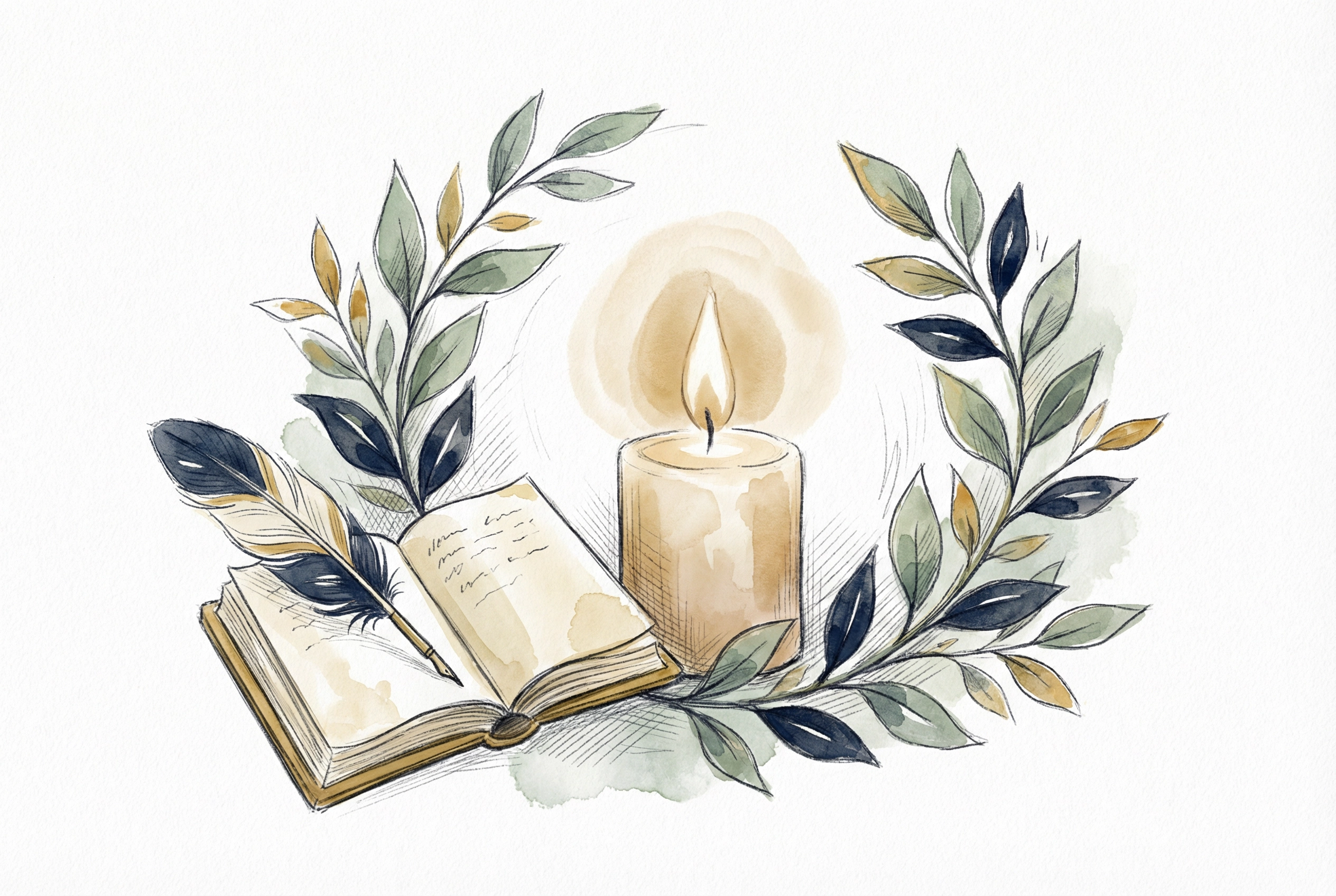 A candle, open book, and botanical leaves — wisdom and quiet reflection