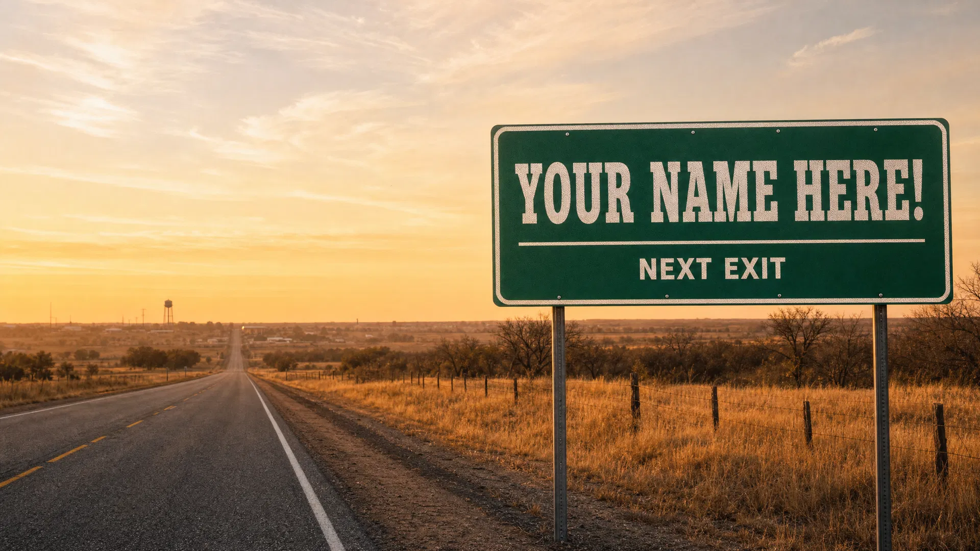 A Texas highway at golden hour with a road sign reading TexasEDConnection — Next Exit, a small Texas town visible on the horizon.