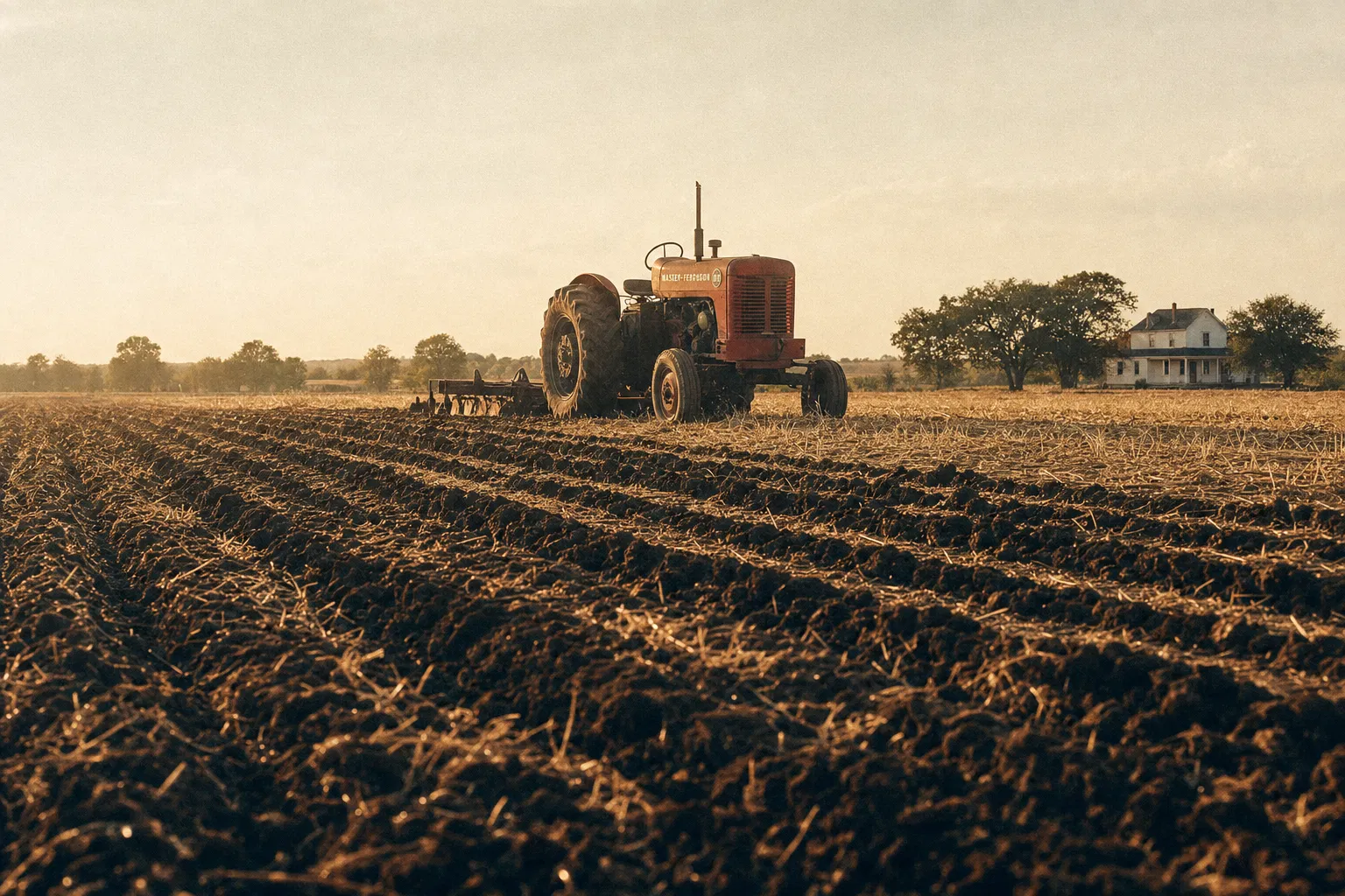 A freshly tilled Texas field at golden hour, an old red tractor at work, a farmhouse on the horizon.