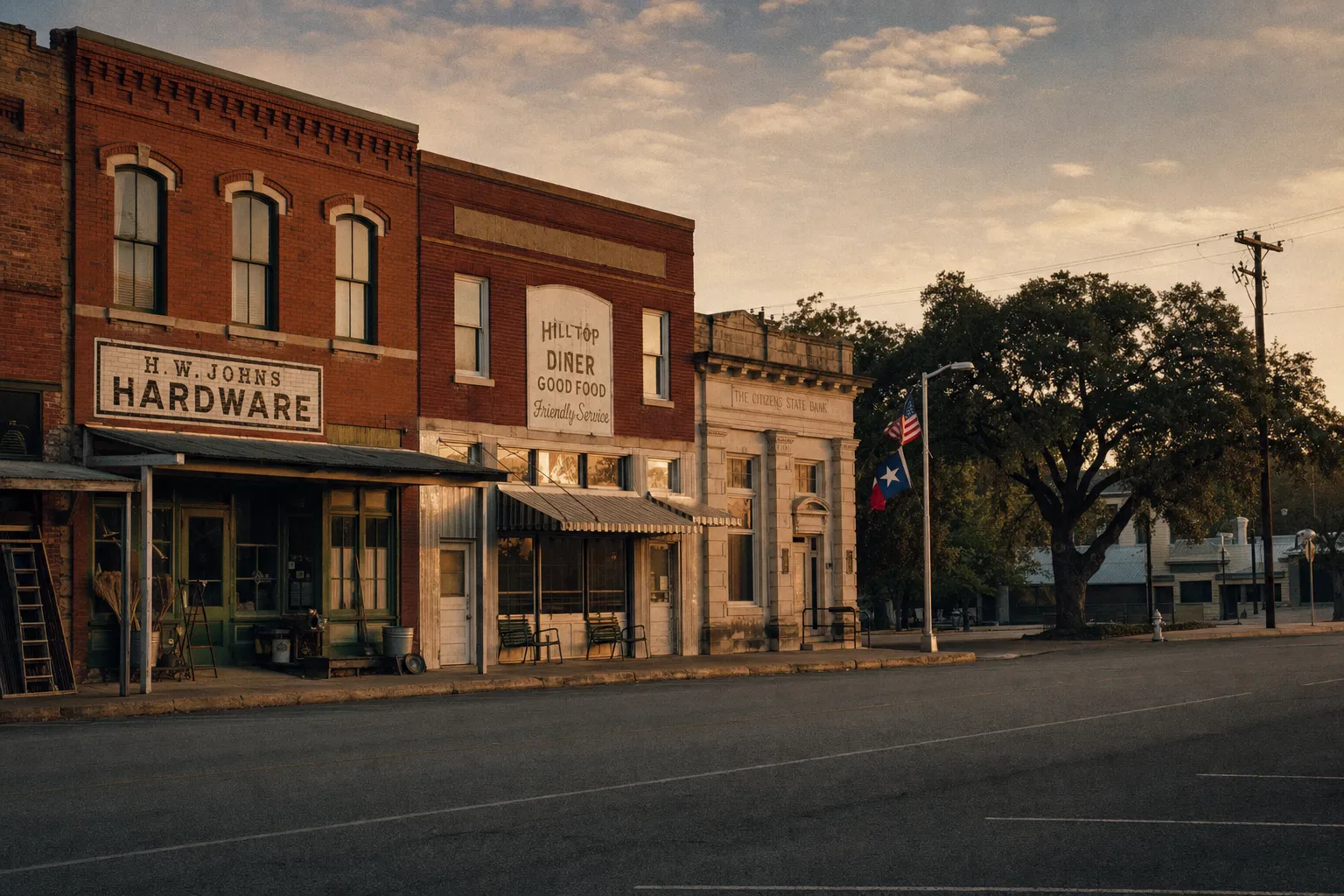 A small downtown Texas main street at sunrise — brick storefronts, a Texas flag, mature live oaks.