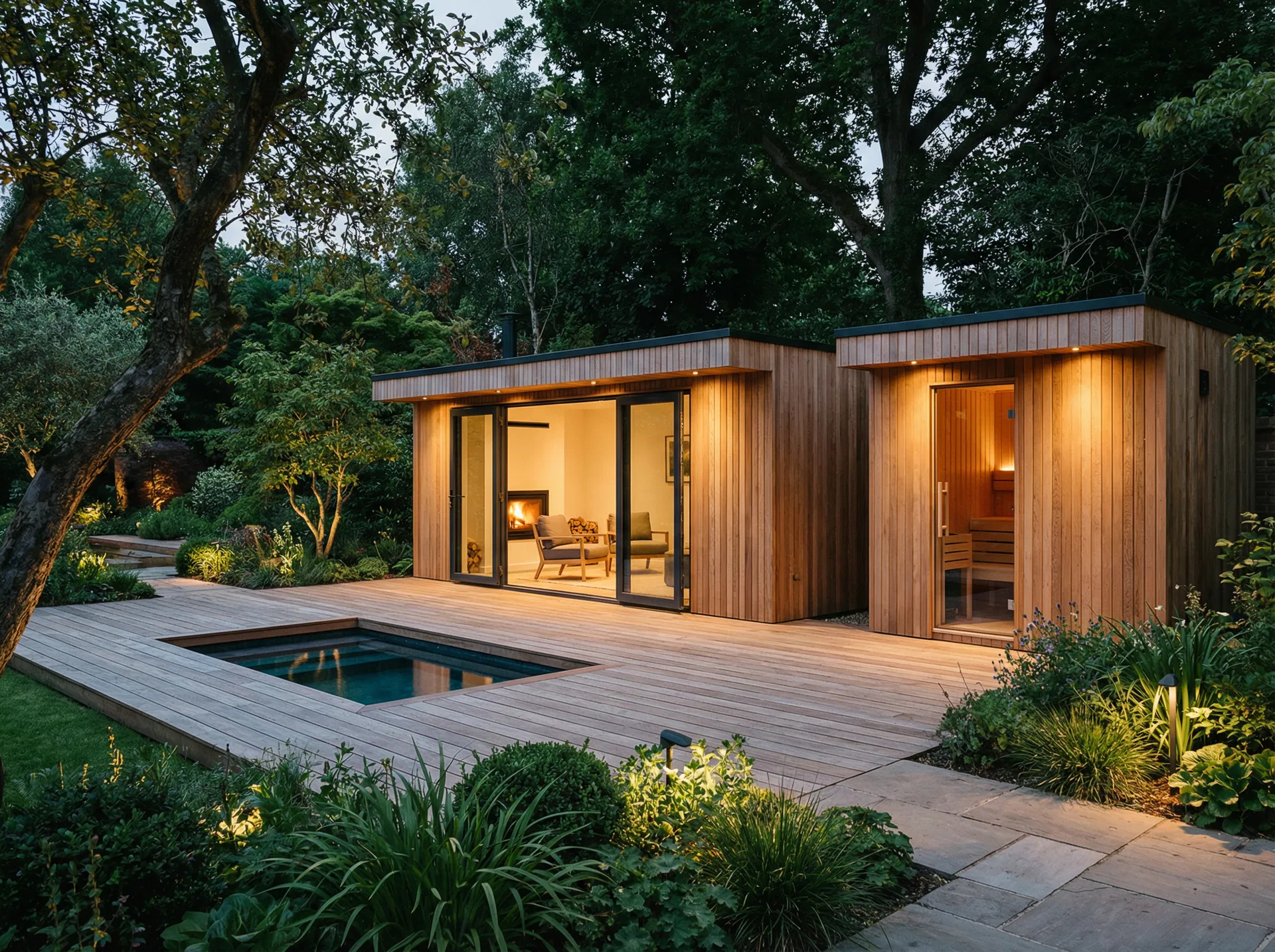 Luxury garden room and sauna at dusk