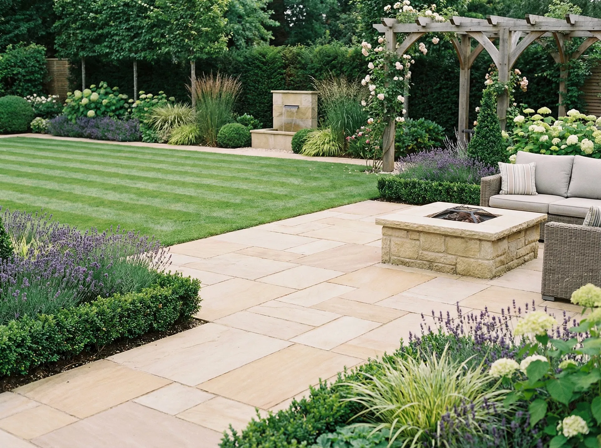 Beautiful stone patio and striped lawn