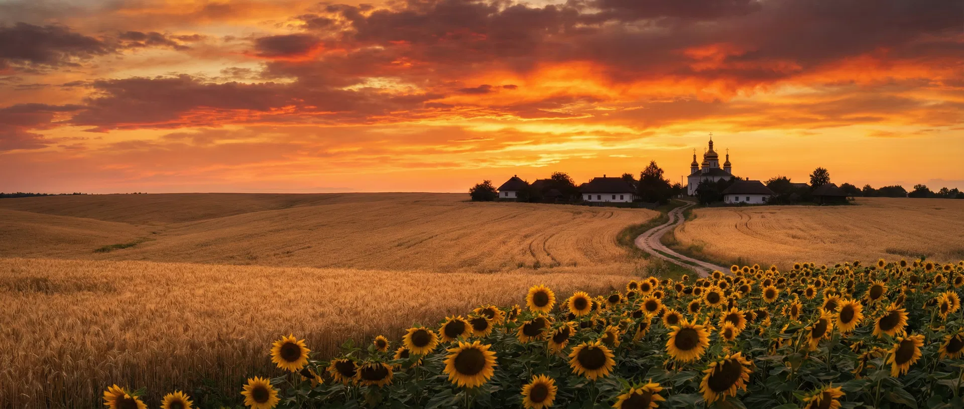 Українські пшеничні поля на заході сонця