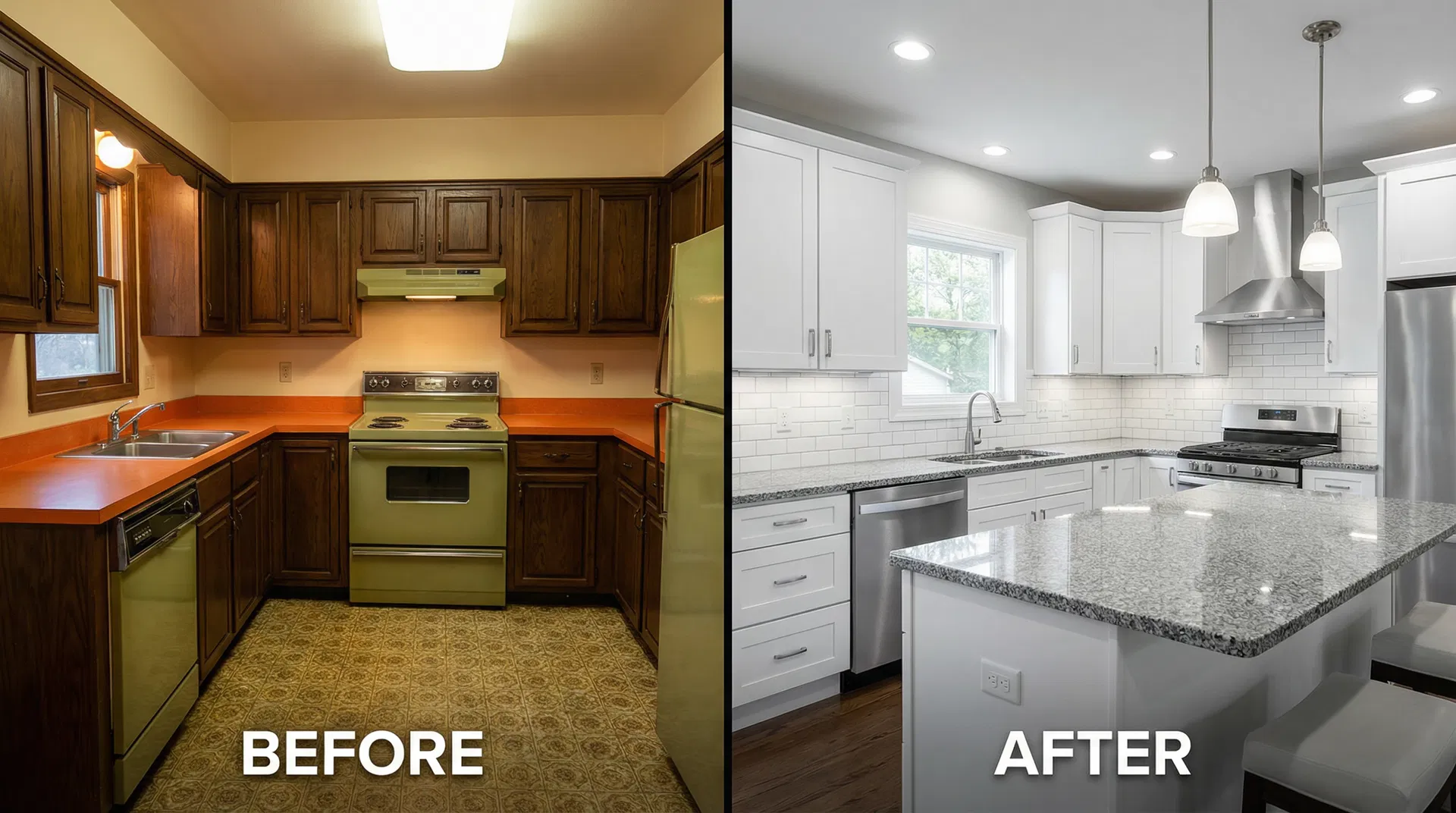 Before and after kitchen remodel transformation by Perfect Storm Kitchen & Bath