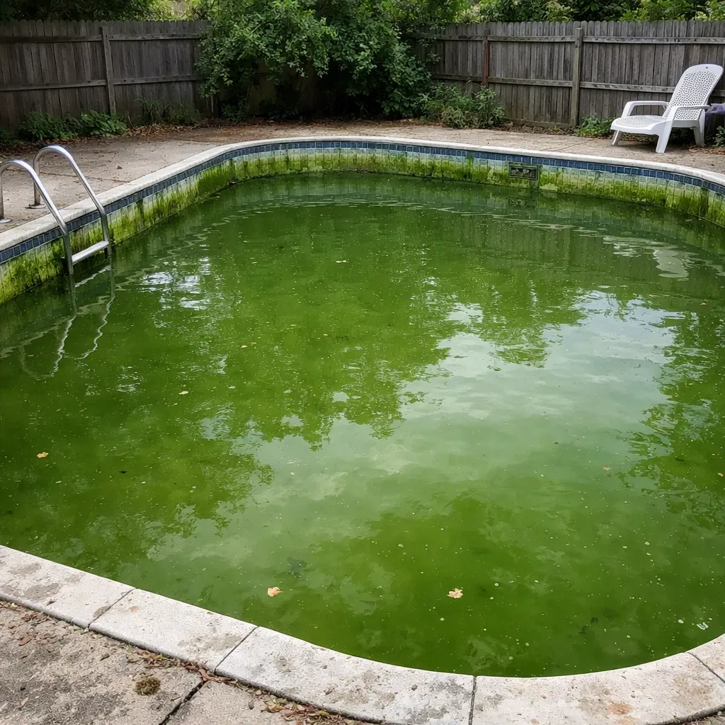 Piscina antes da limpeza — água verde