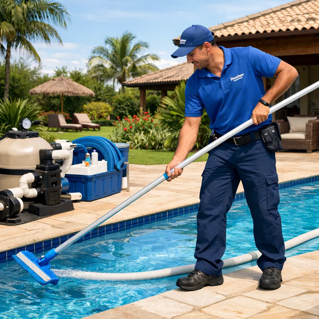 Piscineiro profissional trabalhando