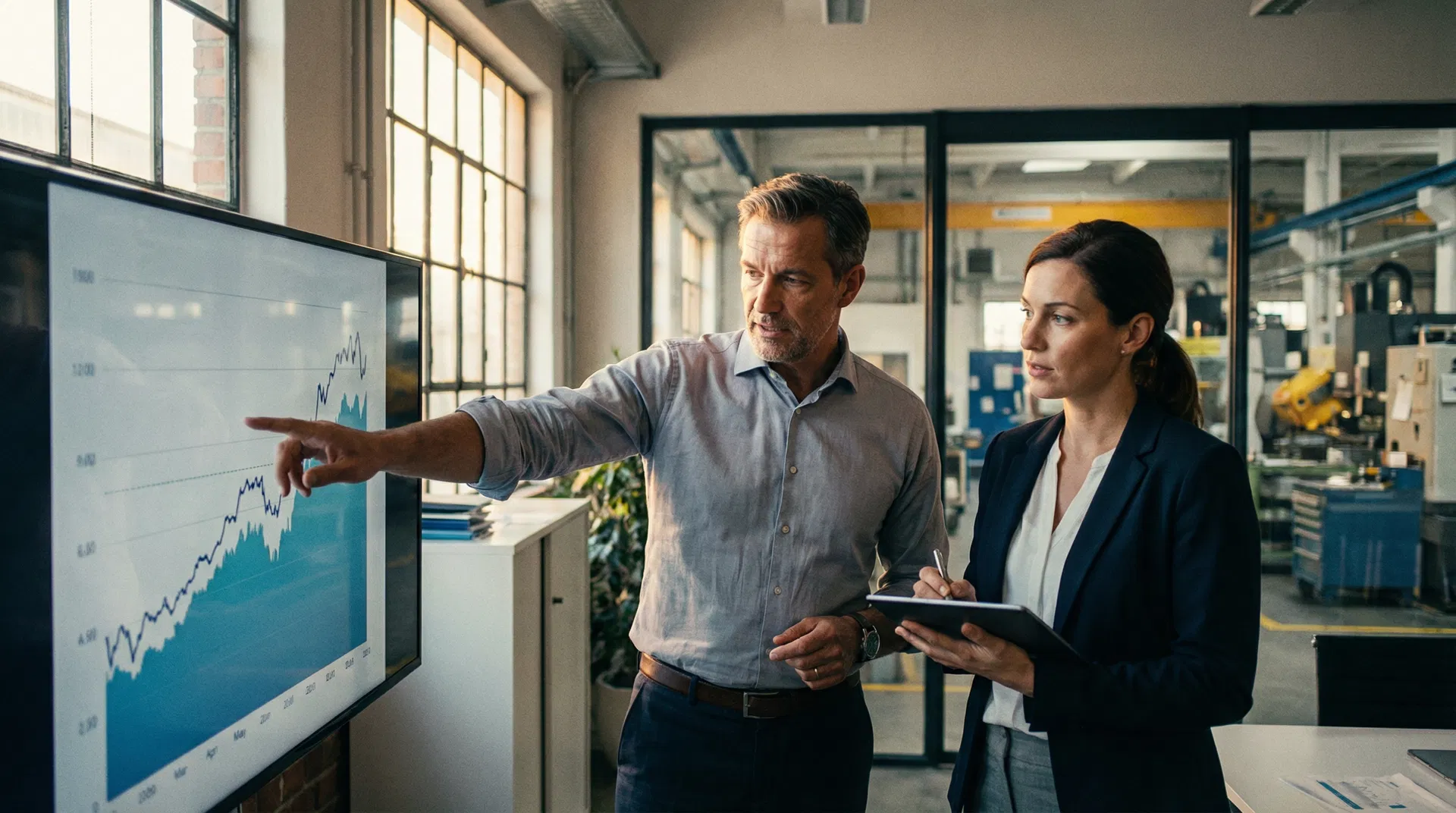 Interim manažer analyzuje výsledky ve výrobní firmě