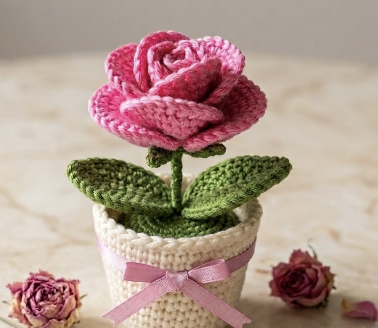 Crocheted Rose in Pot