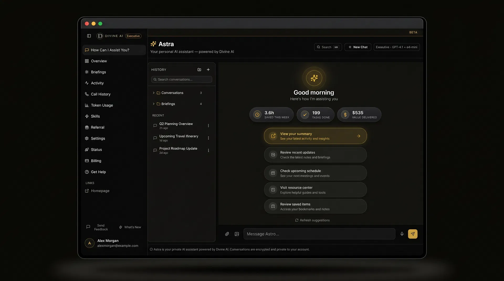 Divine AI dashboard on desktop