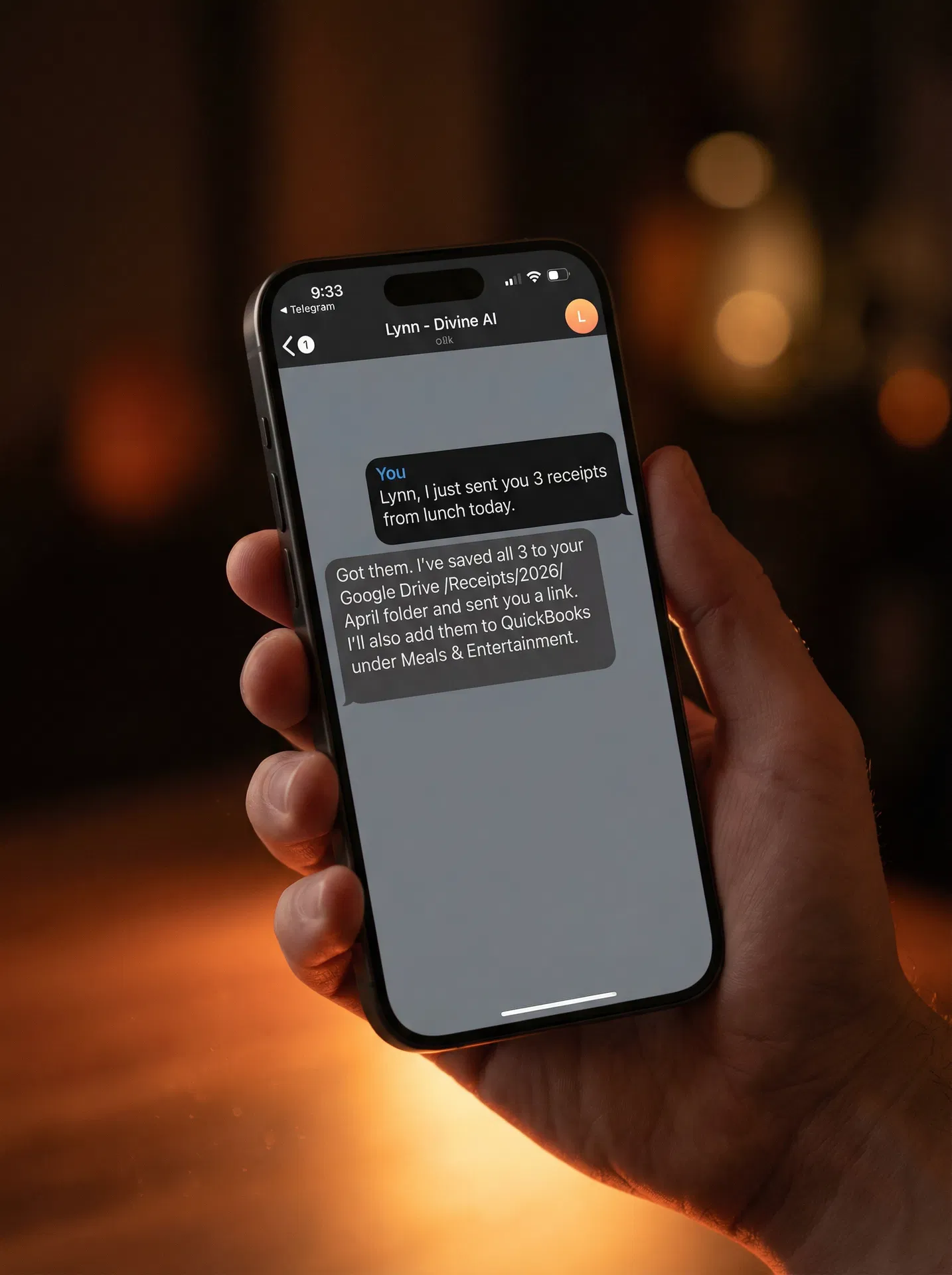 Telegram conversation with Felix Divine AI assistant on iPhone