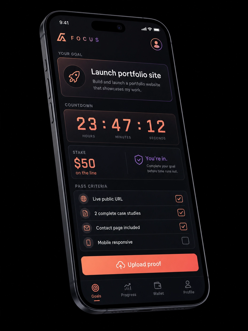FlagOrFail app showing deadline countdown, stake amount, and verification checklist