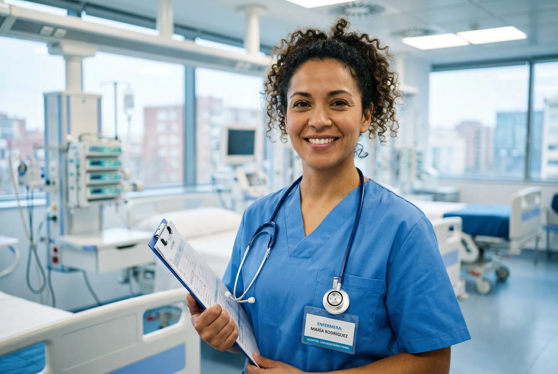Enfermera latinoamericana en hospital español