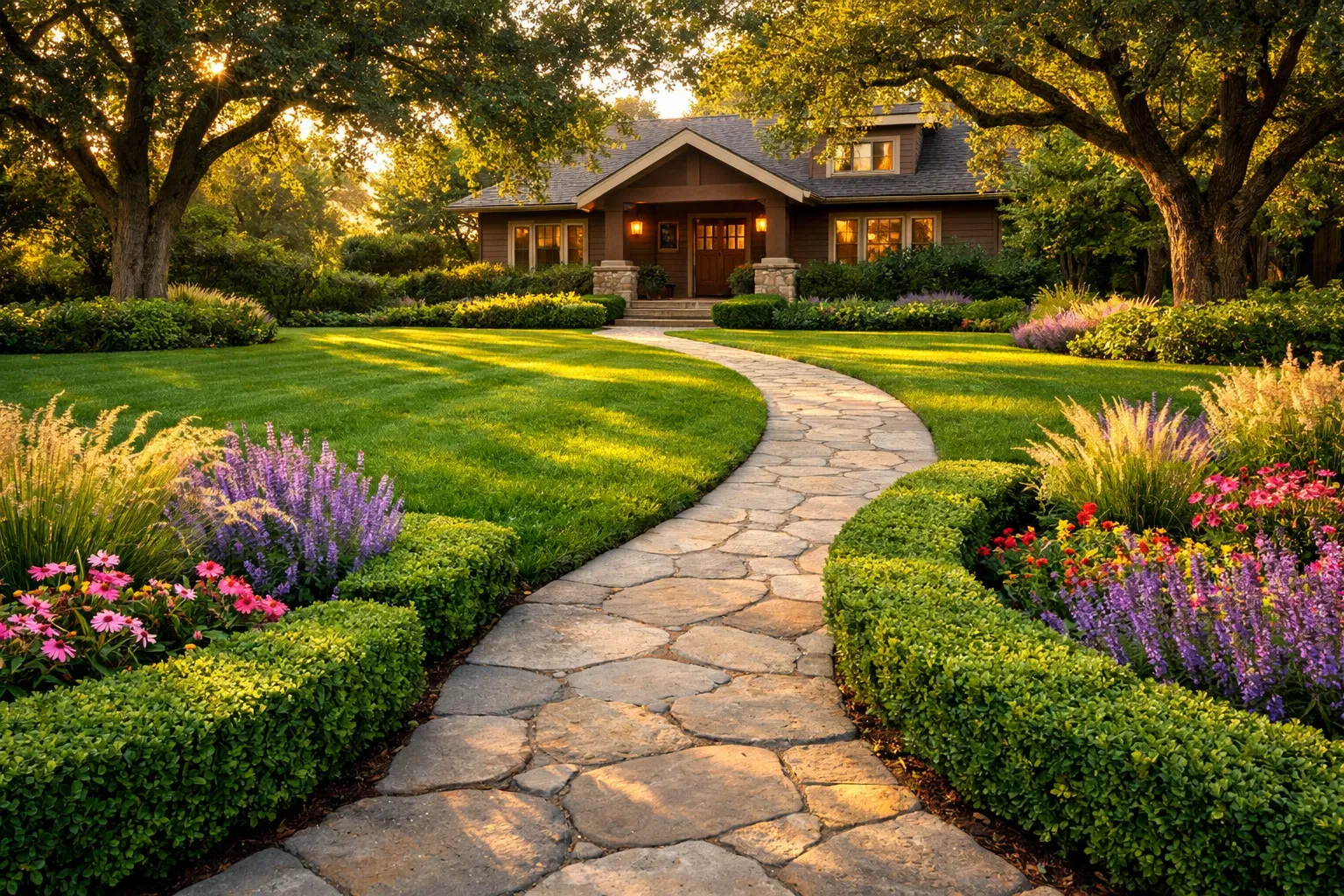 Beautiful landscaped residential yard at golden hour