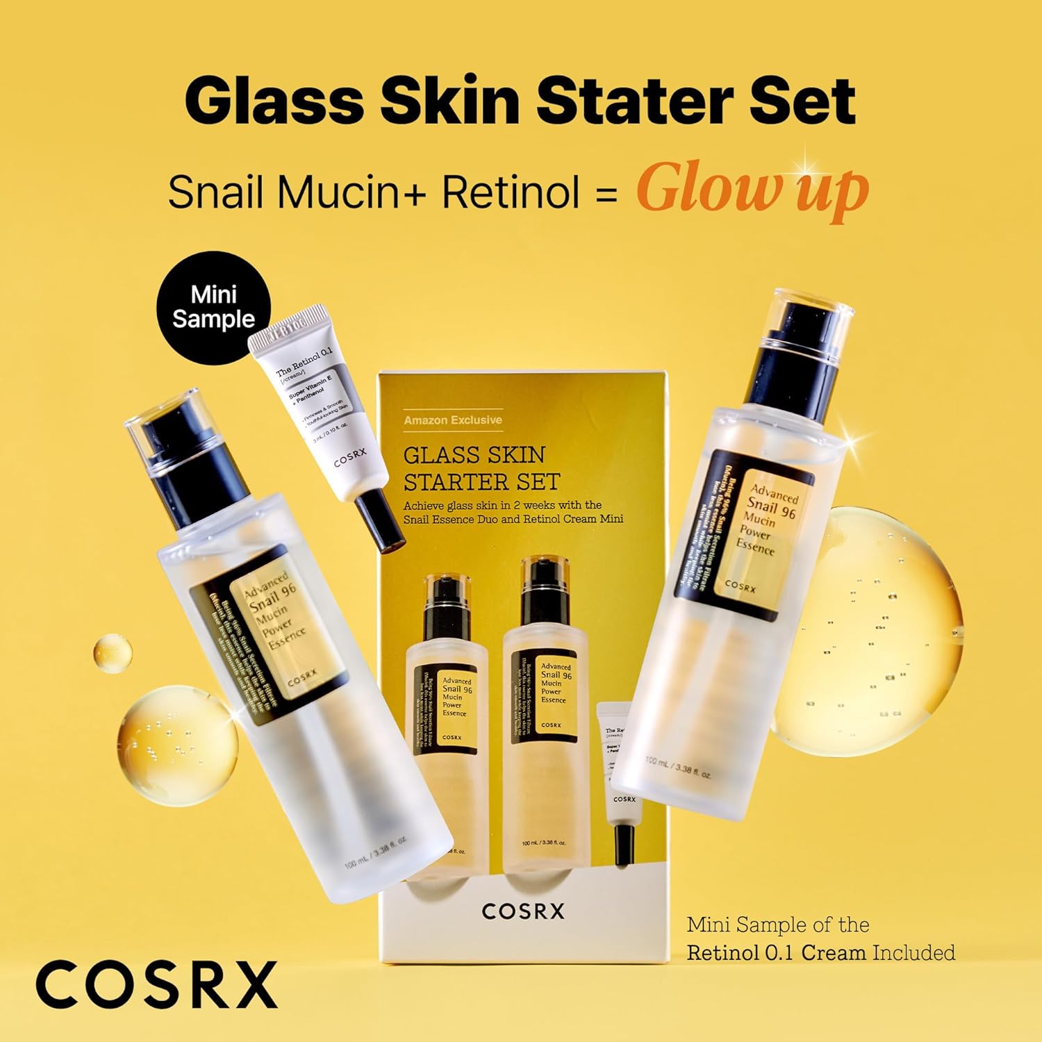 COSRX Glass Skin Starter Set, Amazon Exclusive, Advanced Snail 96% Mucin Power Essence & Retinol 0.1% Cream Mini Sample, Daily Hydrating & Firming Korean Skin Care Kit, Gift Set 6