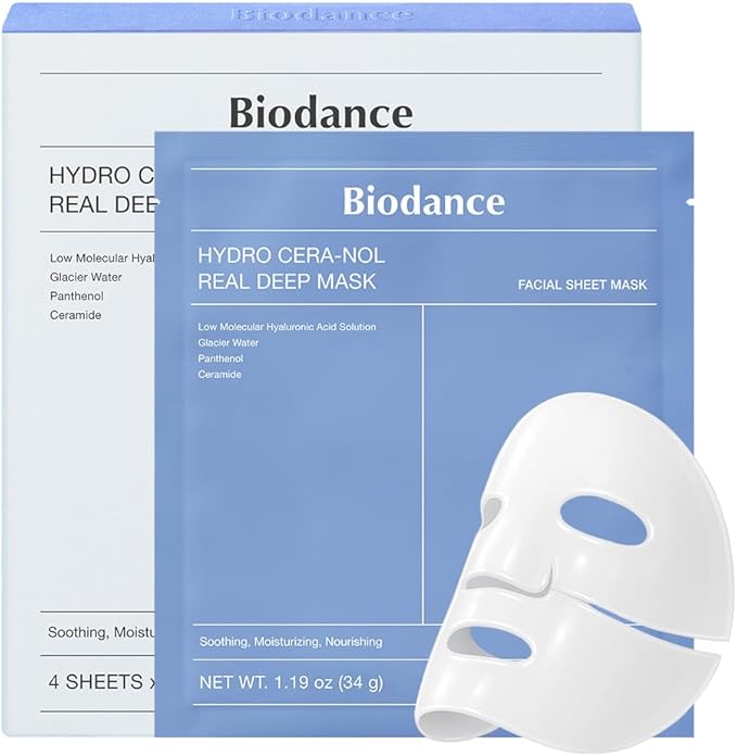 BIODANCE Hydro Cera-nol Real Deep Mask, Water-Infused, Overnight Hydrogel Mask, Soothing, Moisturizing, Nourishing, 1.19oz(34g) x 4ea