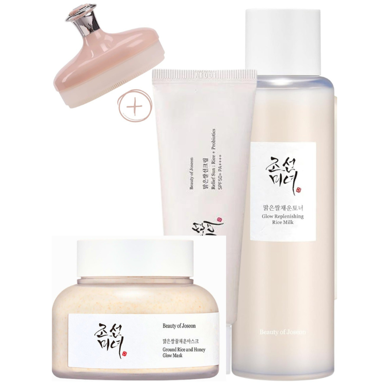 Ground Rice & Honey Mask - Glow Replenishing Rice Milk - & Relief Sun with Probiotics Set for a Nourished, Protected, and Radiant Complexion