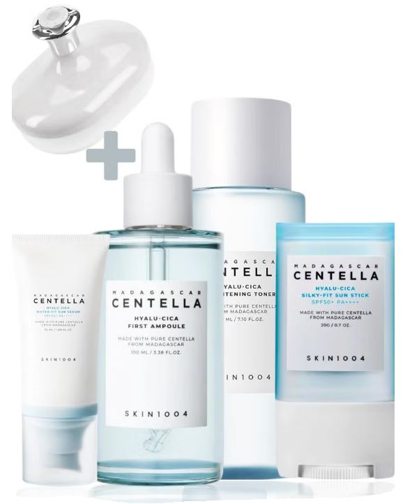SKIN1004 Madagascar Centella Hyalu-Cica Full Skincare Set: SPF50+ Sun Serum, Brightening Toner, Protective Sun Stick, and Nourishing First Ampoule 380ml