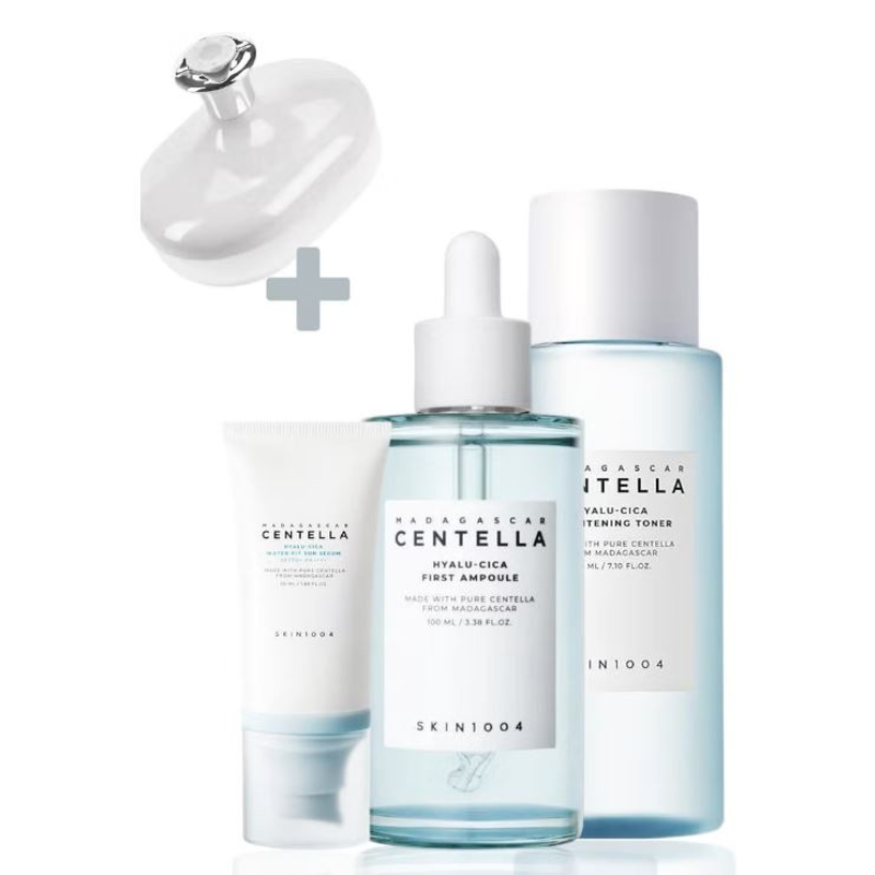 SKIN1004 Madagascar Centella Hyalu-Cica Skincare Trio: SPF50+ Sun Serum, Anti-Dark Spot Brightening Toner, & Rejuvenating First Ampoule 360ml
