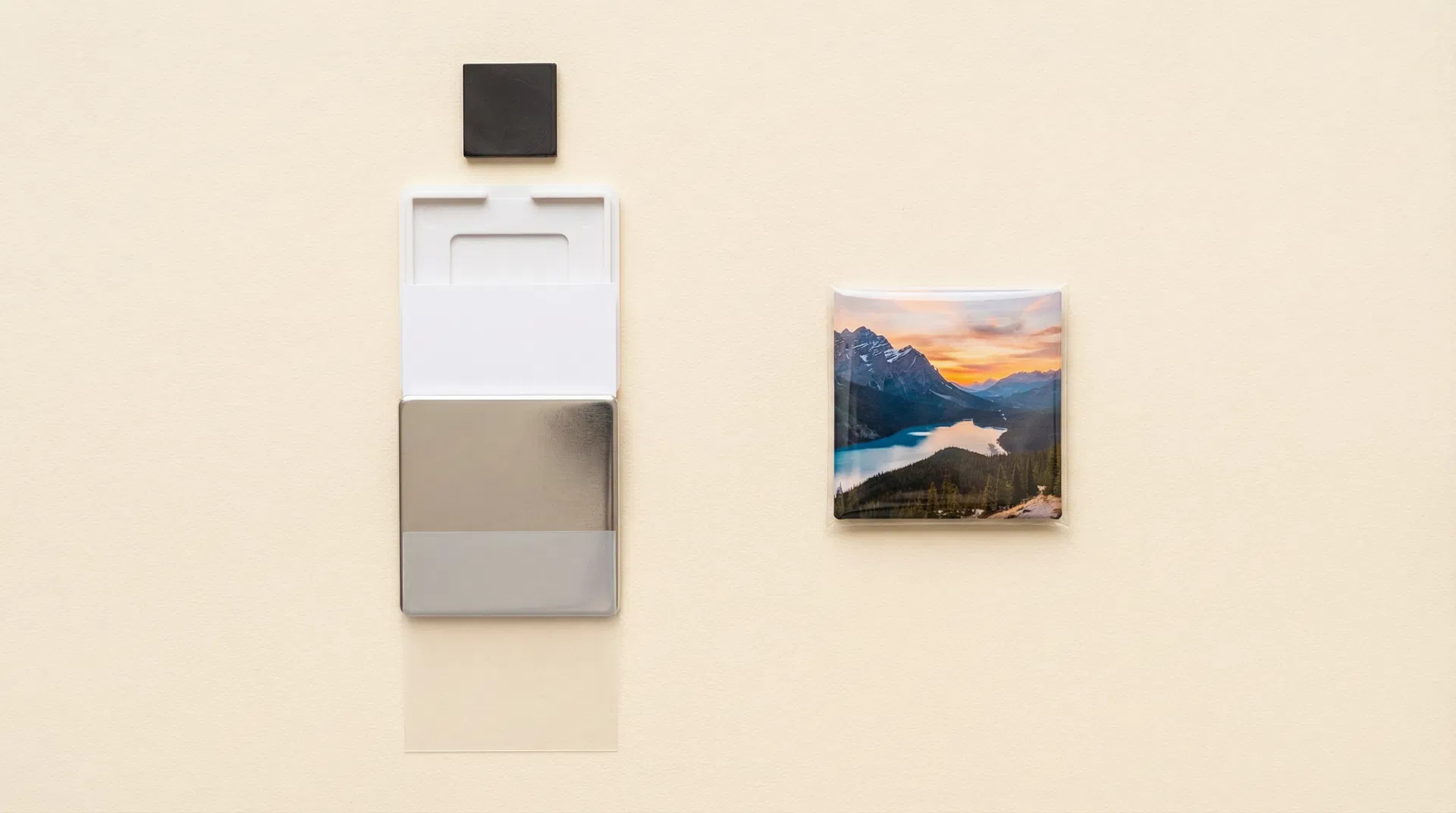 Magnet components: metal cover, paper, film, plastic back, magnet disc