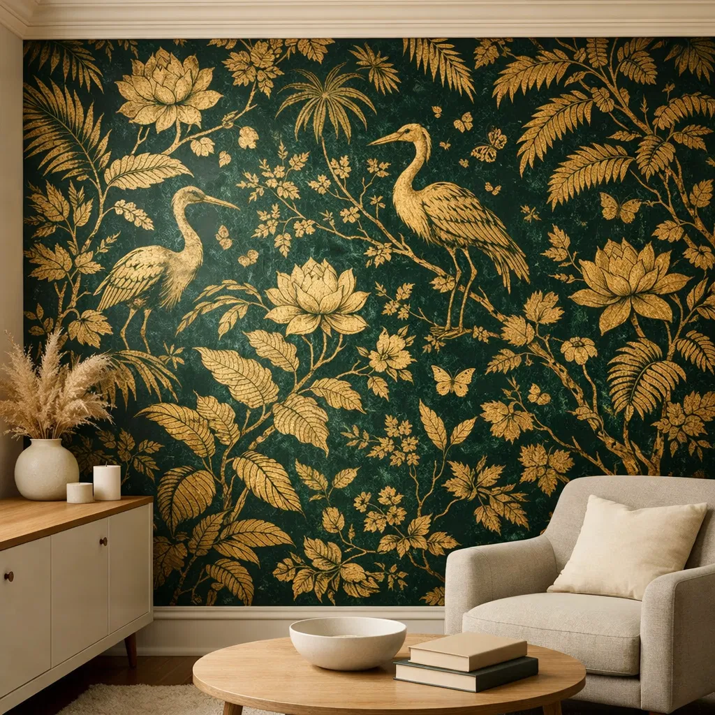 Accent wall with emerald and gold wallpaper