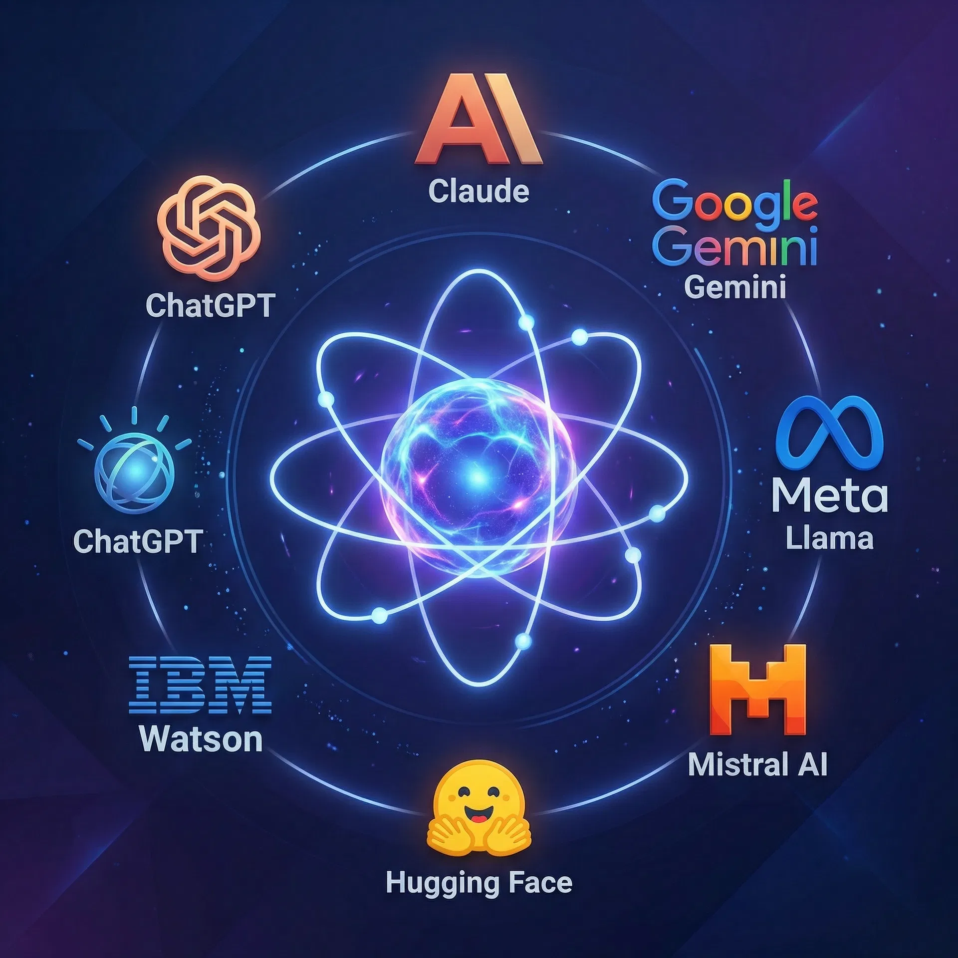 Atom with AI logos