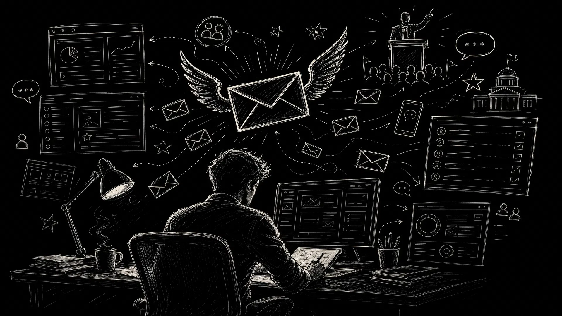 Hand-drawn illustration: designer at desk with floating email and campaign UI sketches