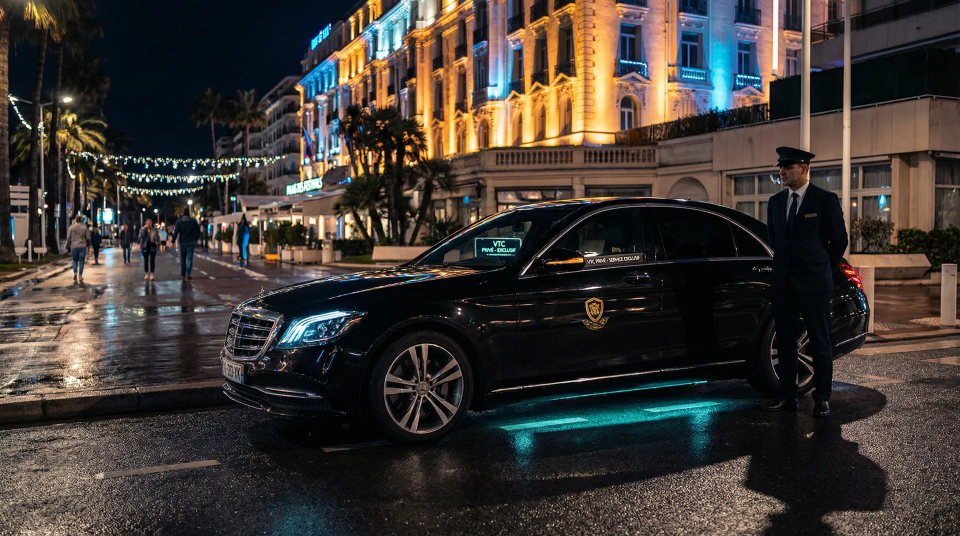 Chauffeur privé VTC Cannes - Mercedes berline sur la Croisette de nuit