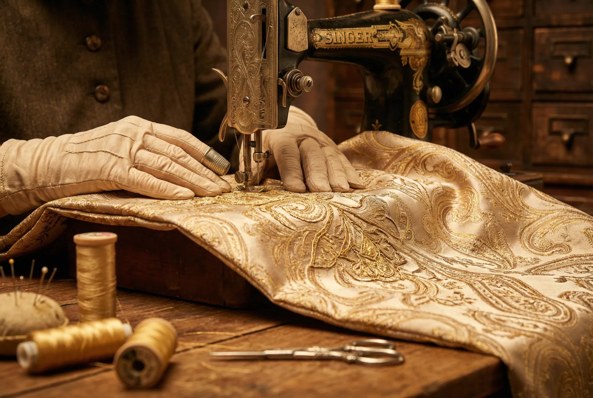 Expert seamstress working on paisley fabric — House of Termeh craftsmanship
