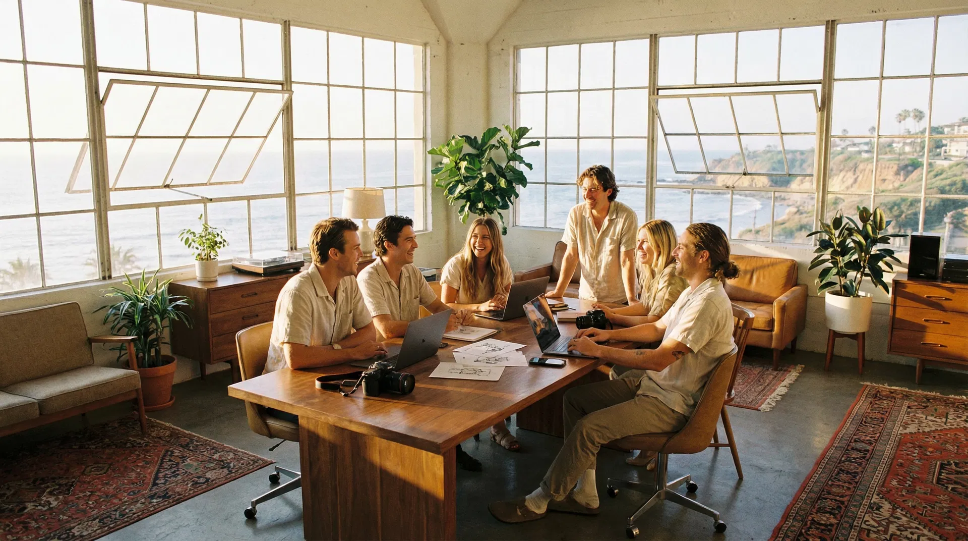 Team collaborating in a bright San Diego office with ocean view through windows