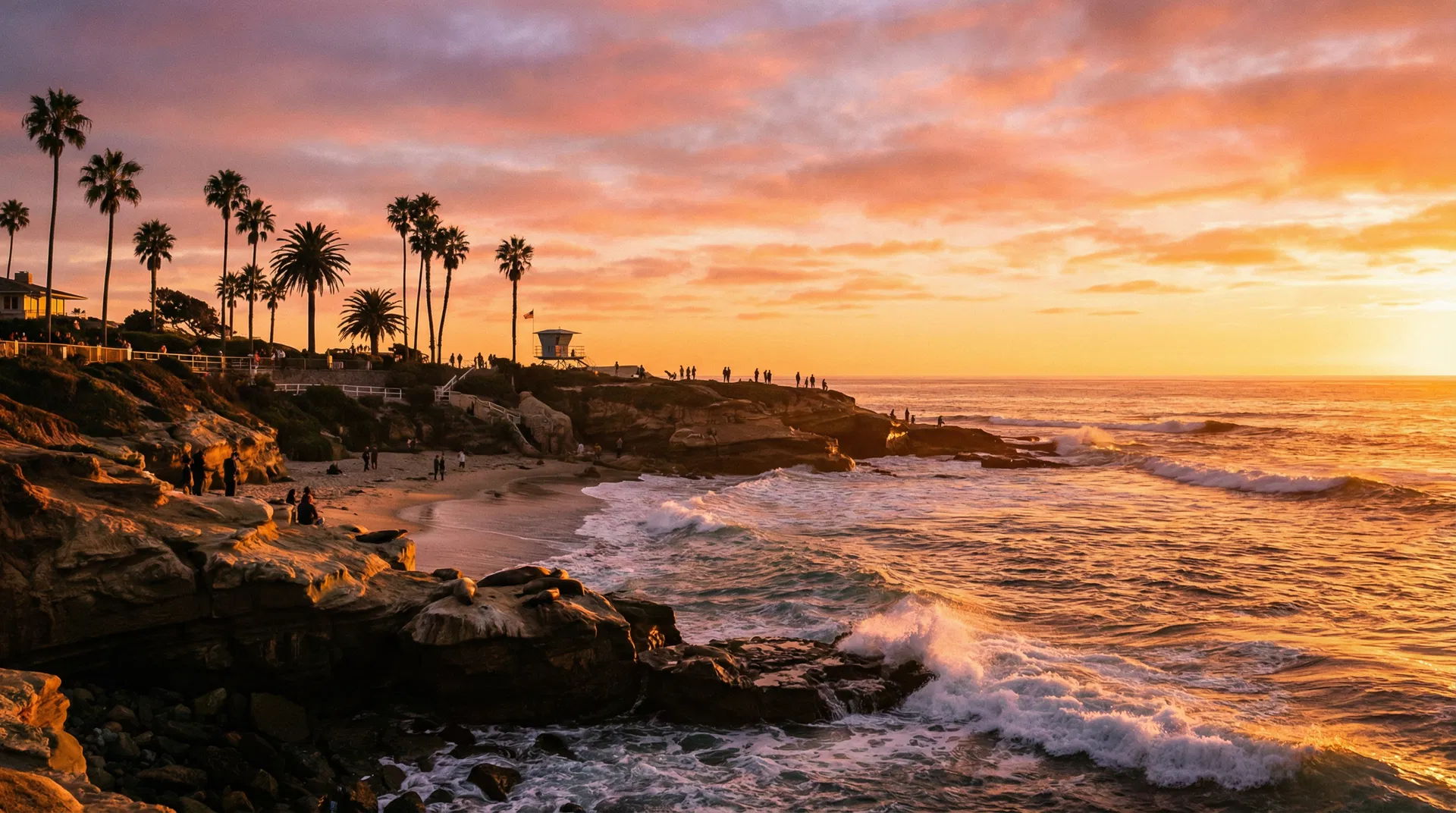 La Jolla coastline at golden hour with dramatic sunset sky and ocean waves