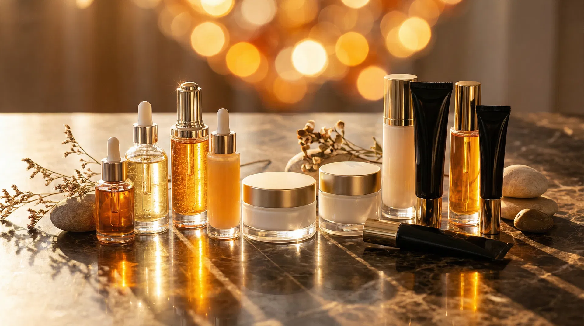 Premium beauty and skincare products arranged on marble surface with warm golden lighting