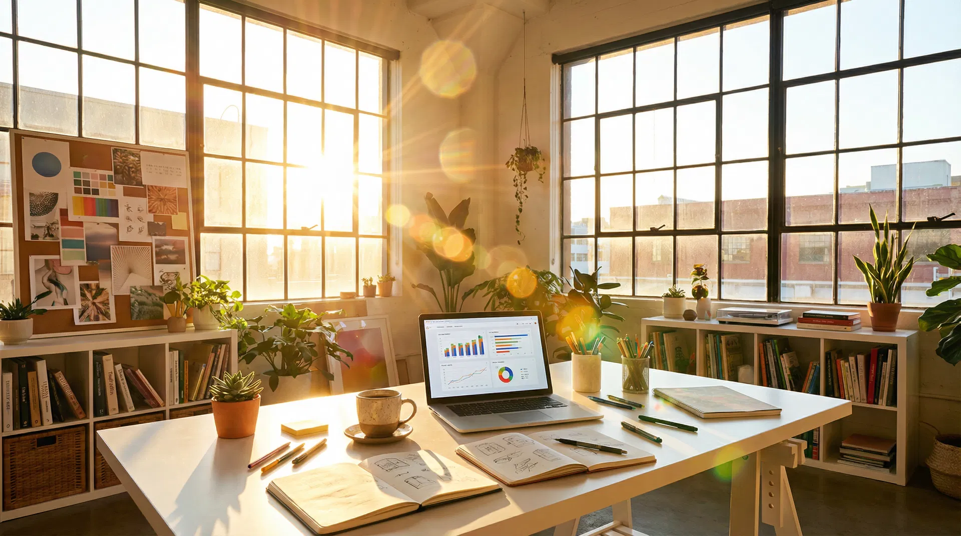 Bright modern creative workspace with natural light and indoor plants