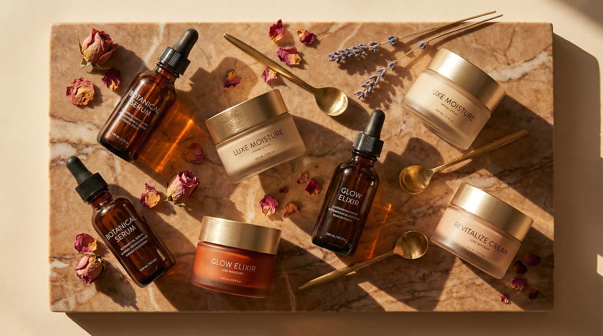 Overhead view of premium beauty products artfully arranged on marble with botanical accents