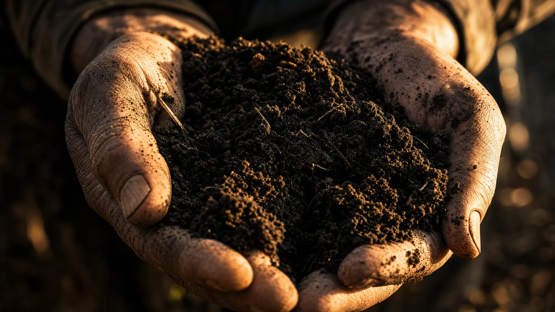 Farmer hands holding rich fertile soil