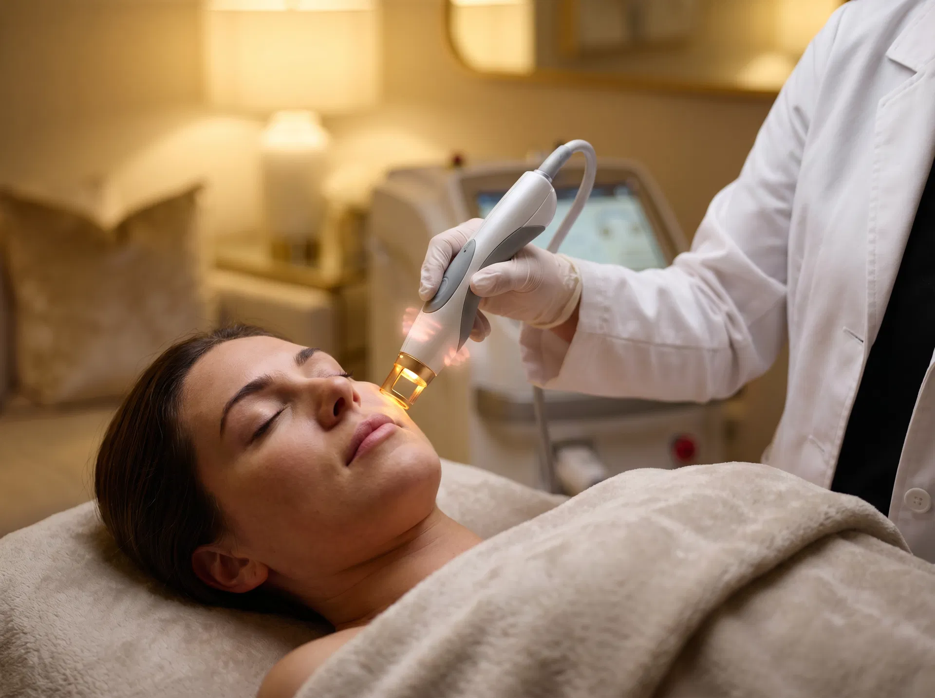 Professional facial rejuvenation laser treatment in progress