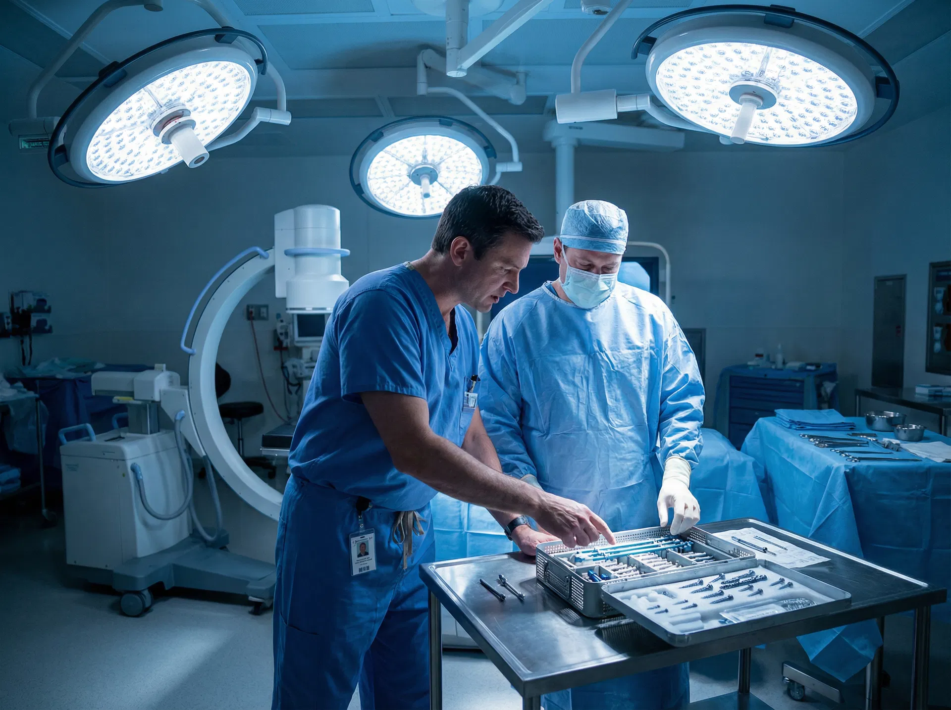 Medical device representative reviewing spinal implant tray with surgeon in operating room