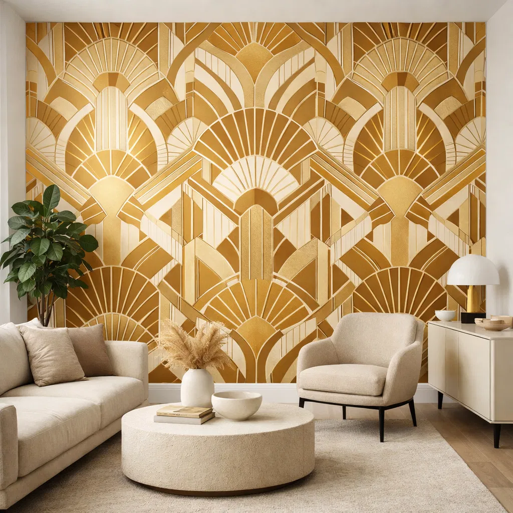 Feature wall with gold geometric wallpaper