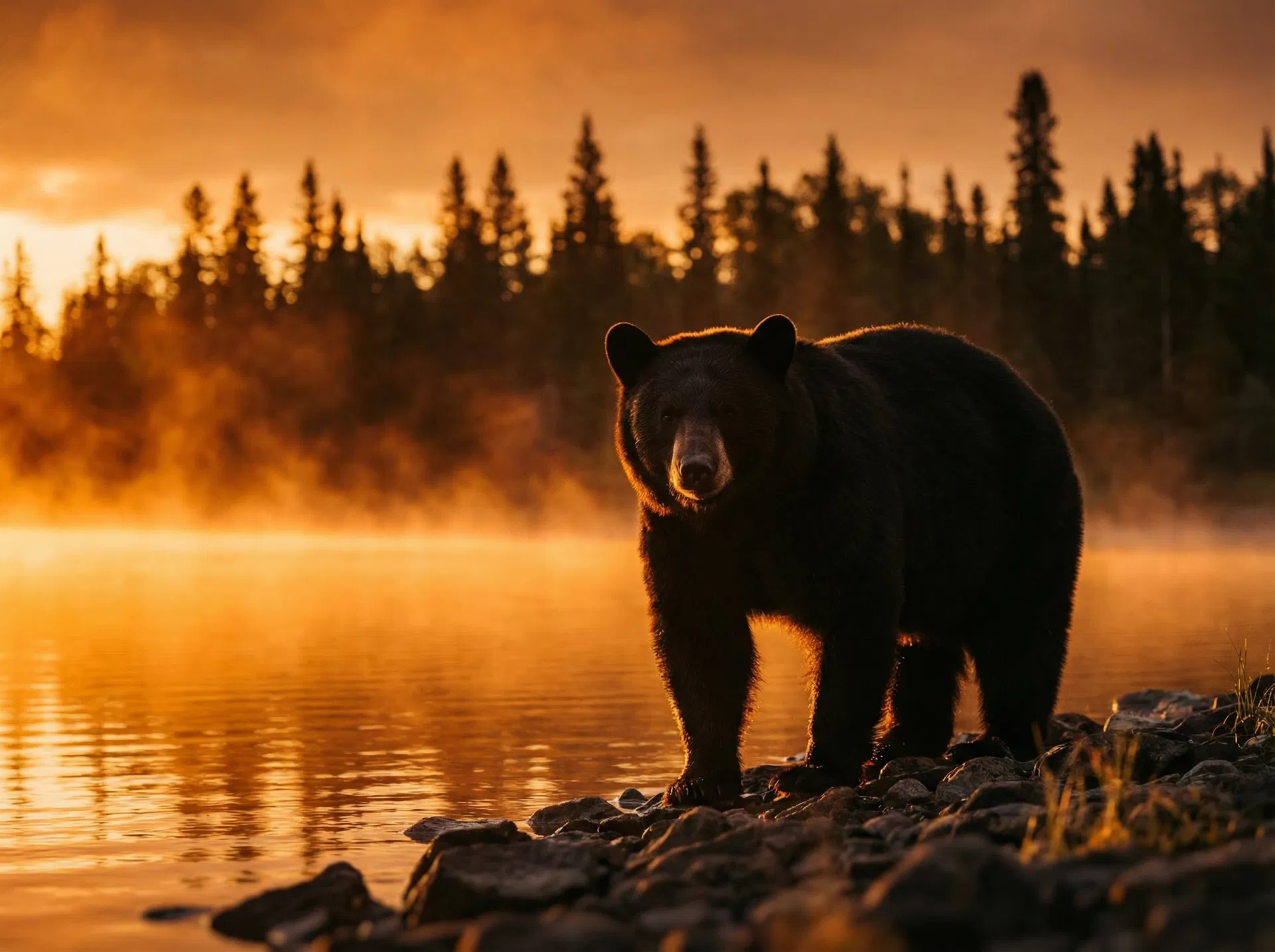 Black bear at a misty lake at golden hour