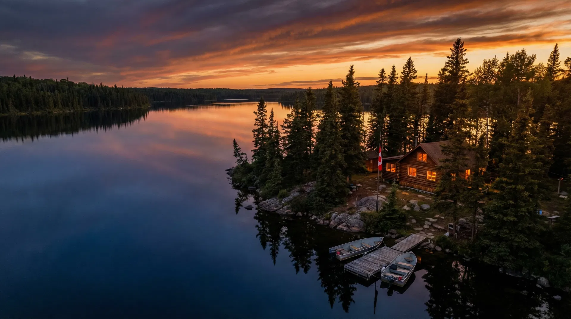 Northern Echo Lodge aerial view — cabin on Wapawekka Lake at sunset