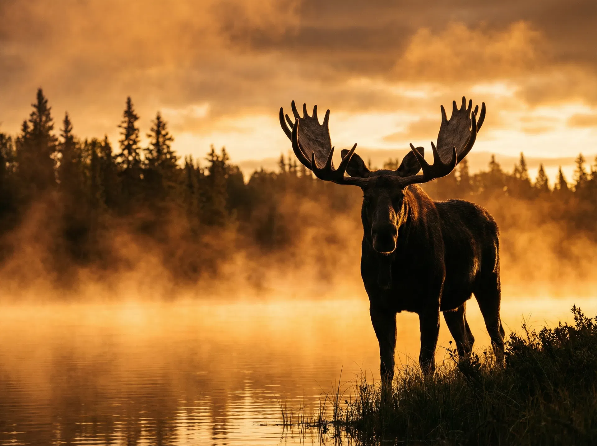 Bull moose at a misty lake at golden hour