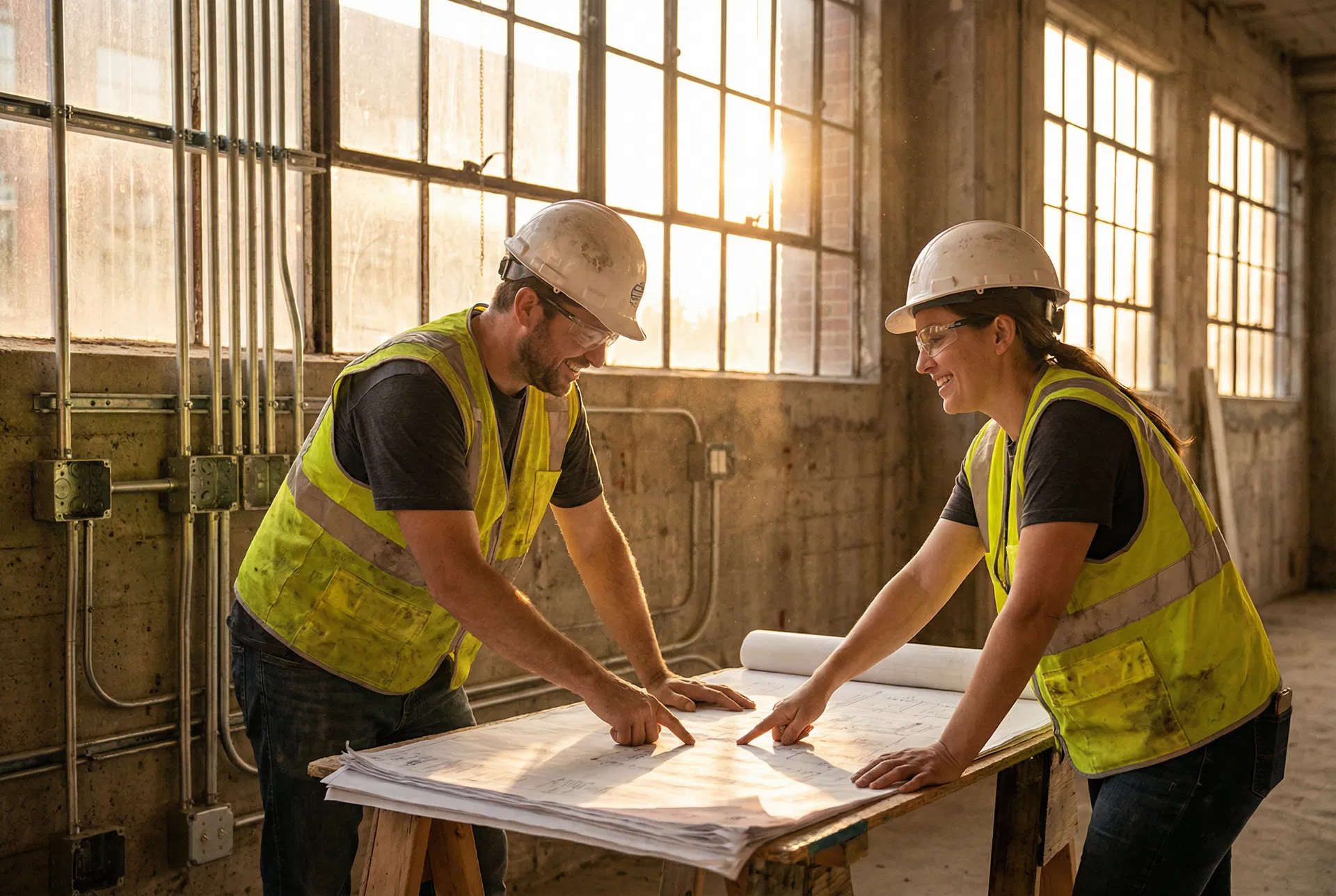 Harris Electric team reviewing blueprints on a construction site