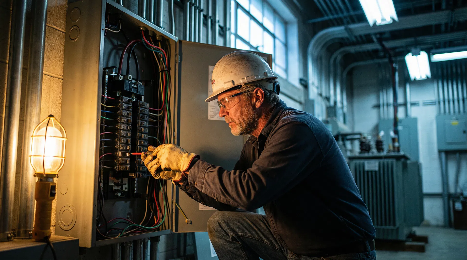 Professional electrician working on industrial panel