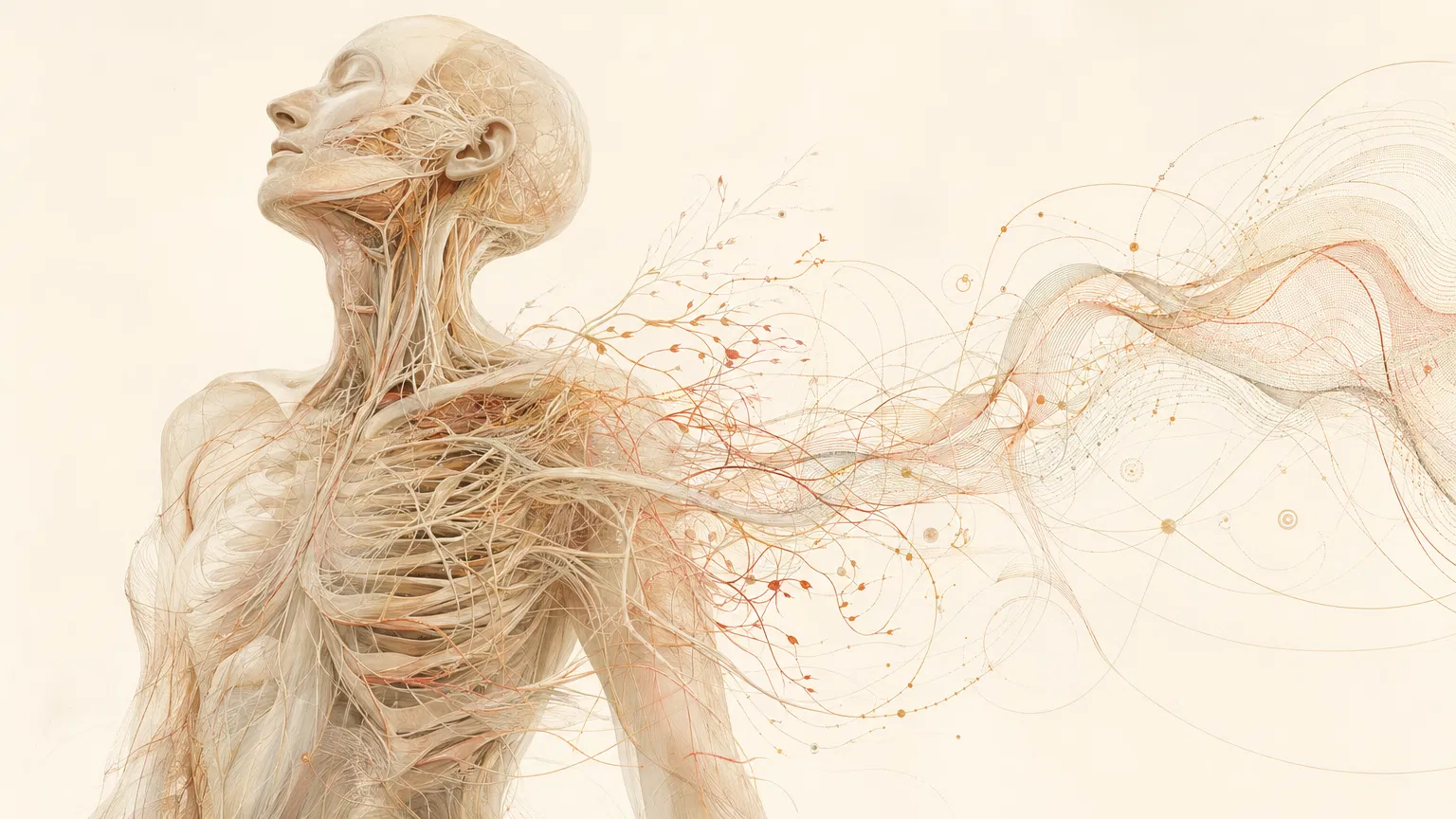 Human form dissolving into braided geometries